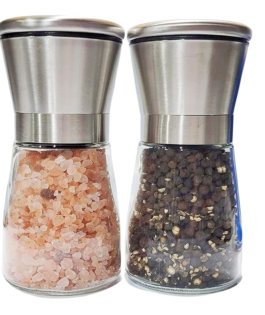 2 Packs Salt and Pepper Mills Brushed Stainless Steel Salt and Pepper Grinder Set(Pack of 2) with Adjustable Ceramic Coarseness Grinder and Glass Body- Salt and Pepper Shakers