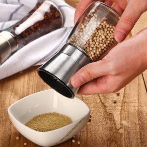 2 Packs Salt and Pepper Mills Brushed Stainless Steel Salt and Pepper Grinder Set(Pack of 2) with Adjustable Ceramic Coarseness Grinder and Glass Body- Salt and Pepper Shakers