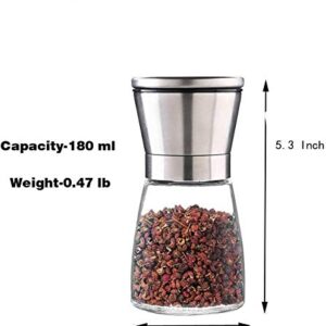 2 Packs Salt and Pepper Mills Brushed Stainless Steel Salt and Pepper Grinder Set(Pack of 2) with Adjustable Ceramic Coarseness Grinder and Glass Body- Salt and Pepper Shakers