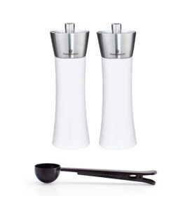 zassenhaus augsburg salt & pepper grinder mill, gift set 7-inch, gloss white & stainless steel - with stainless steel spice scoop & clip