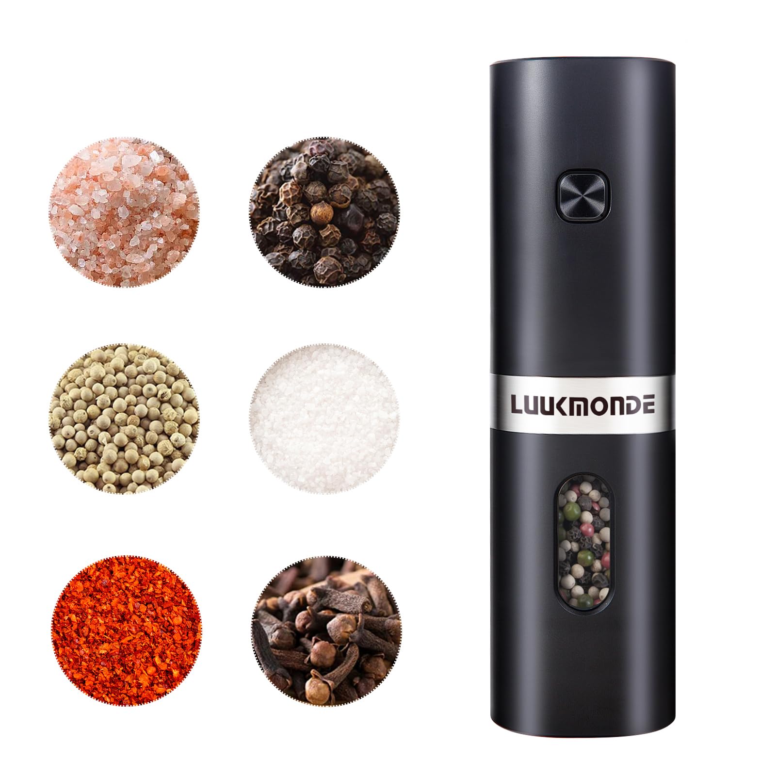 LUUKMONDE Electric Salt and Pepper Grinder, Salt and Pepper Mill Adjustable Coarseness, Battery Power with LED Light, Automatic Salt and Pepper Shaker One Hand Operation, Single