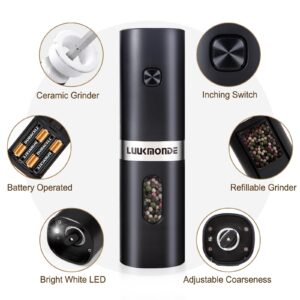 LUUKMONDE Electric Salt and Pepper Grinder, Salt and Pepper Mill Adjustable Coarseness, Battery Power with LED Light, Automatic Salt and Pepper Shaker One Hand Operation, Single