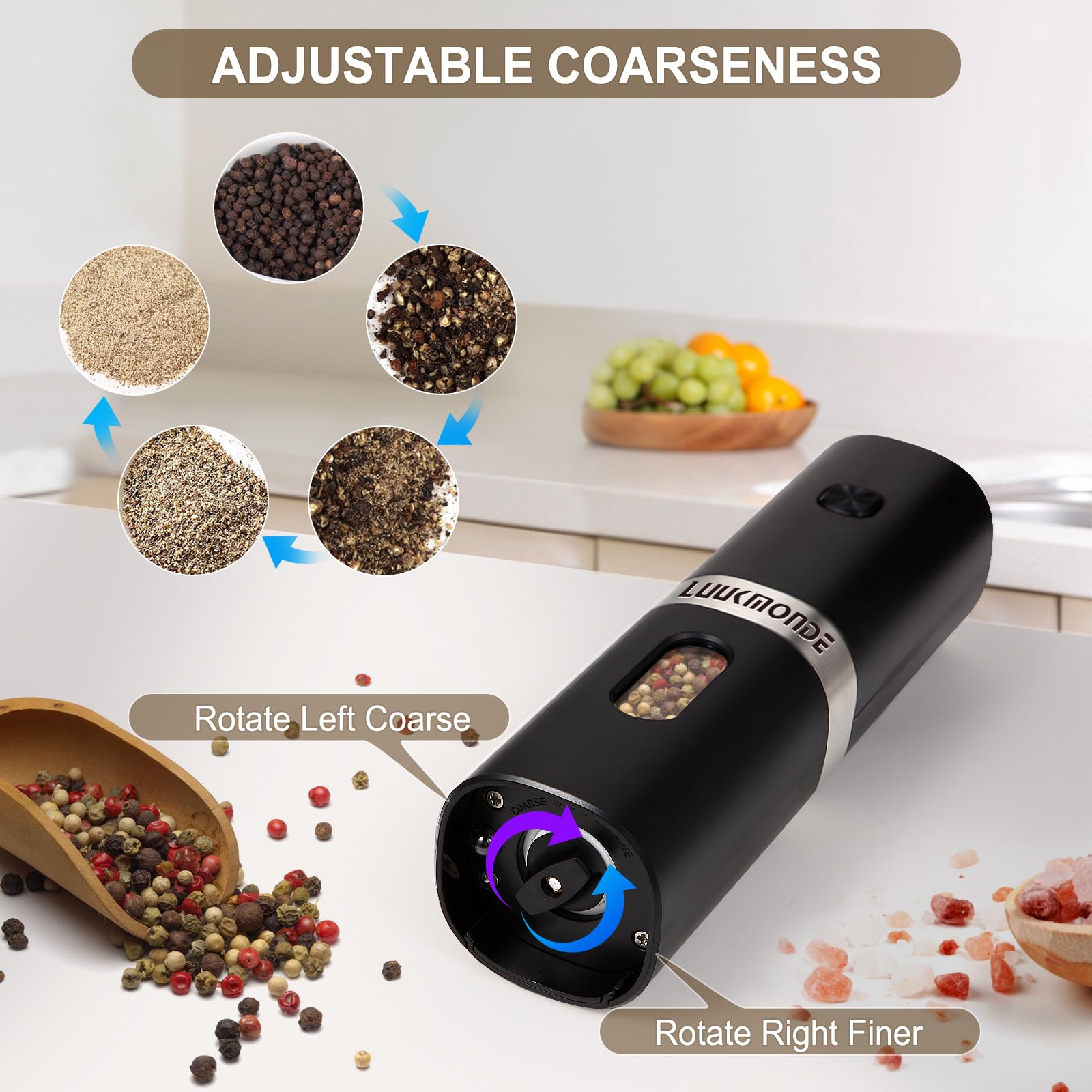 LUUKMONDE Electric Salt and Pepper Grinder, Salt and Pepper Mill Adjustable Coarseness, Battery Power with LED Light, Automatic Salt and Pepper Shaker One Hand Operation, Single