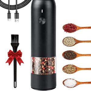 Electric Pepper Grinder Mill, USB Rechargeable Salt and Pepper Grinder with Ceramic Grind and LED Light, Adjustable Coarseness and Refillable Glass, No Battery Needed - Black