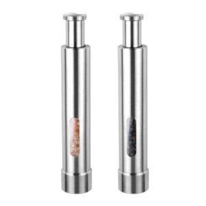 cute stainless steel pepper mills with one hand stands mini thumb push for peppercorns, sea salt, spices, table seasoning grinders