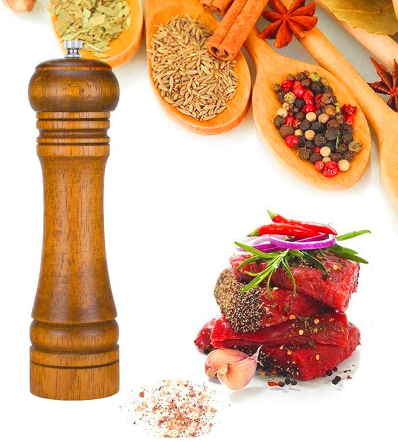 Solid wood oak grinder restaurant pepper manual grinding powder pepper ceramic adjustable coarse grinder (8inches) (8.66x2.16)