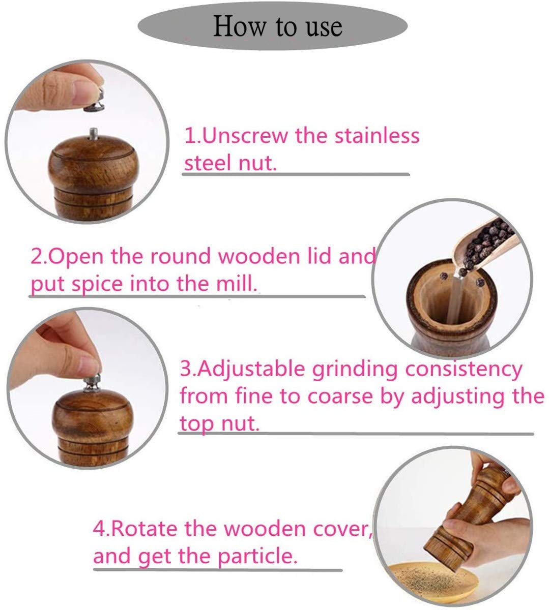 Solid wood oak grinder restaurant pepper manual grinding powder pepper ceramic adjustable coarse grinder (8inches) (8.66x2.16)