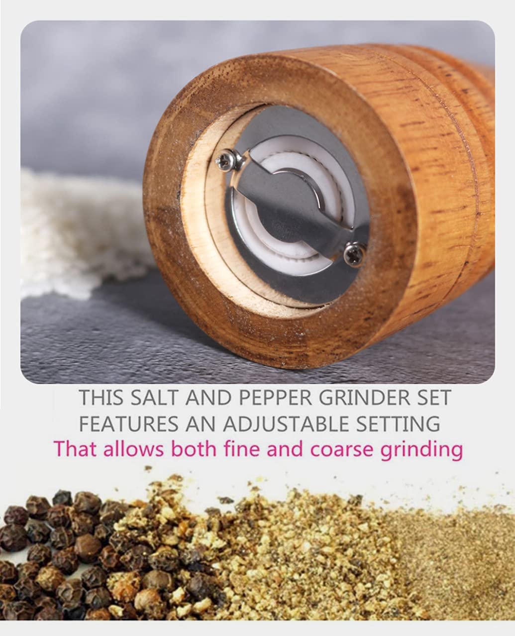 Solid wood oak grinder restaurant pepper manual grinding powder pepper ceramic adjustable coarse grinder (8inches) (8.66x2.16)