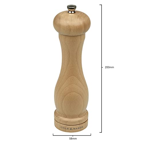 Cole & Mason HA0824P Beech Capstan A8 Pepper Mill, Precision+ Wooden, Beech Wood, 200mm, Single, Includes 1 x Pepper Grinder, Lifetime Mechanism Guarantee