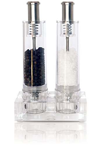 Modern Push Button Salt and Pepper Grinder Set, Grind Gourmet Pump and Grind Sea Salt and Pepper Mill Set with Stand, Refillable Grinder