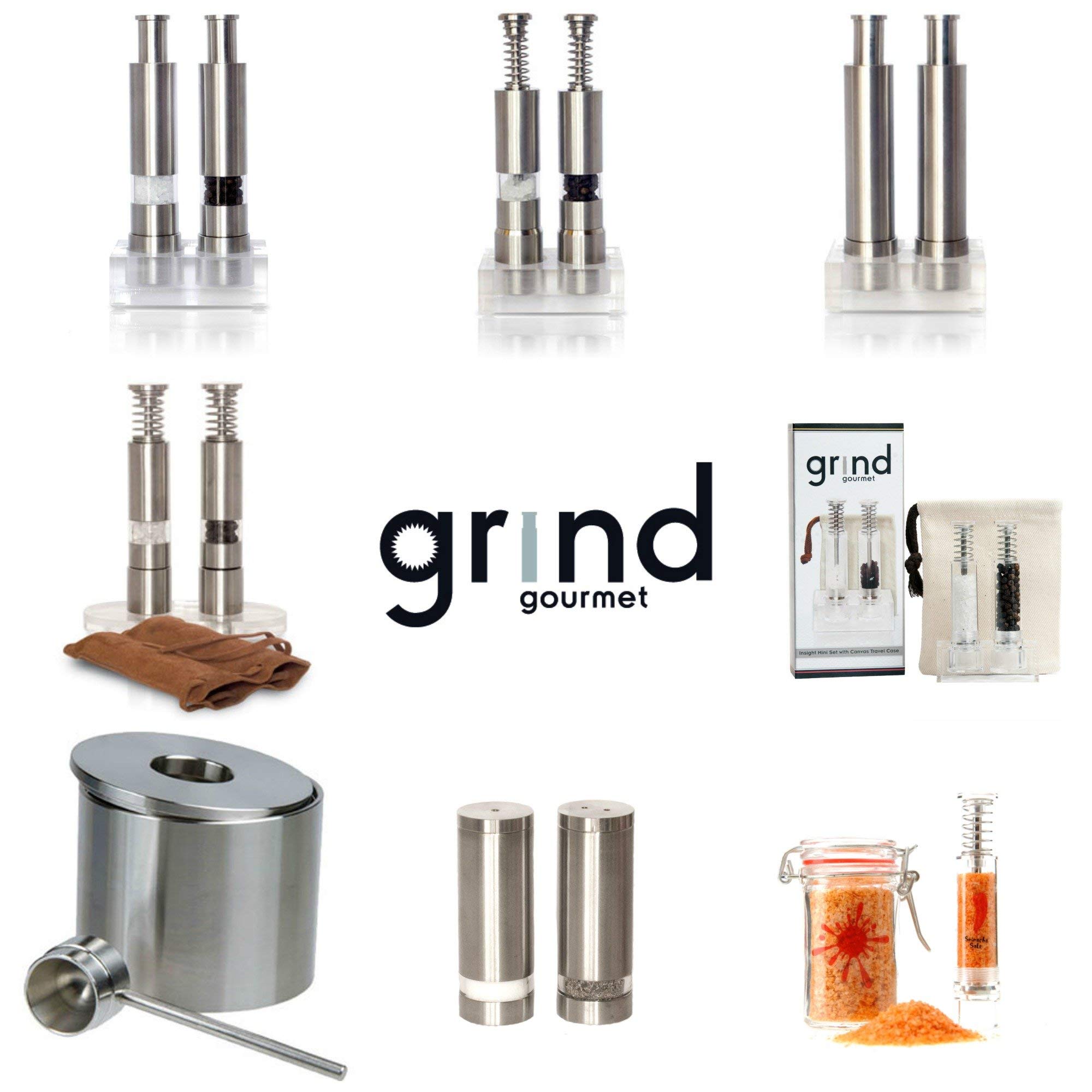 Modern Push Button Salt and Pepper Grinder Set, Grind Gourmet Pump and Grind Sea Salt and Pepper Mill Set with Stand, Refillable Grinder