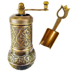 BestChoice Pepper Salt Coffee Grinder - 3 in One - Turkish Coffee Mill - with Spice Shovel Spoon - Salt Shaker - Zinc Alloy Casting Best Carving Metal - Adjustable Coarseness - Bronze Color Design