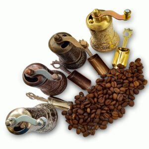 BestChoice Pepper Salt Coffee Grinder - 3 in One - Turkish Coffee Mill - with Spice Shovel Spoon - Salt Shaker - Zinc Alloy Casting Best Carving Metal - Adjustable Coarseness - Bronze Color Design