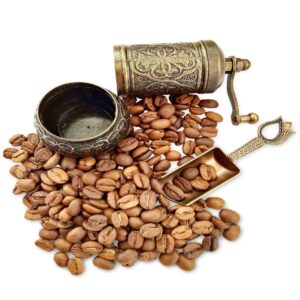 BestChoice Pepper Salt Coffee Grinder - 3 in One - Turkish Coffee Mill - with Spice Shovel Spoon - Salt Shaker - Zinc Alloy Casting Best Carving Metal - Adjustable Coarseness - Bronze Color Design