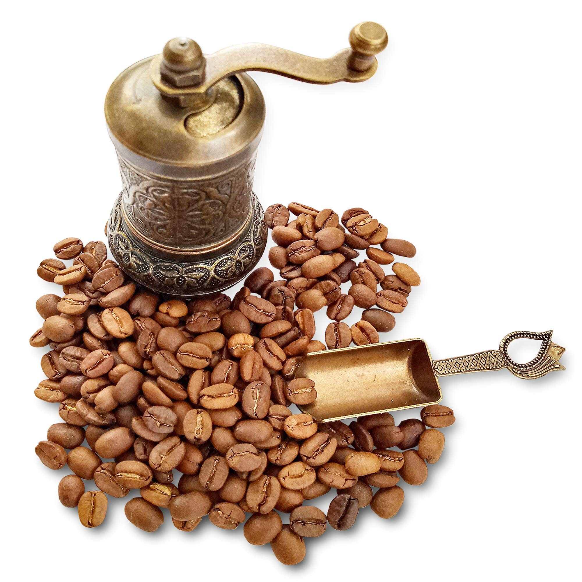 BestChoice Pepper Salt Coffee Grinder - 3 in One - Turkish Coffee Mill - with Spice Shovel Spoon - Salt Shaker - Zinc Alloy Casting Best Carving Metal - Adjustable Coarseness - Bronze Color Design