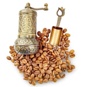 BestChoice Pepper Salt Coffee Grinder - 3 in One - Turkish Coffee Mill - with Spice Shovel Spoon - Salt Shaker - Zinc Alloy Casting Best Carving Metal - Adjustable Coarseness - Bronze Color Design