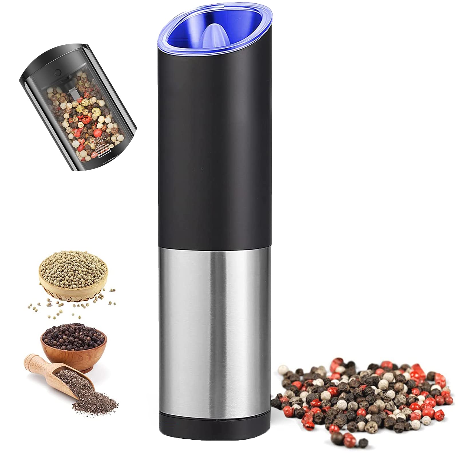 AUYI Automatic Salt and Pepper Grinder Gravity - Stainless Steel Pepper Grinder Operation with On/Off Button,4 AAA Batteries Powered (Not Include)