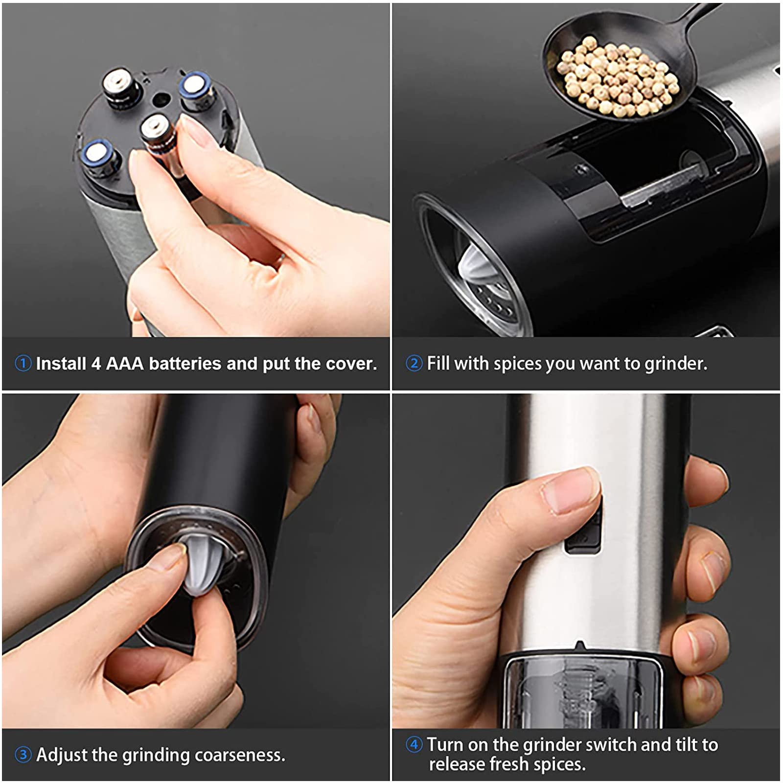 AUYI Automatic Salt and Pepper Grinder Gravity - Stainless Steel Pepper Grinder Operation with On/Off Button,4 AAA Batteries Powered (Not Include)