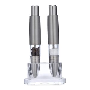 executive pen salt and pepper grinder set, grind gourmet refillable modern thumb button grinders use with peppercorns, sea and himalayan salts, comes with stand