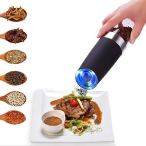 gravity electric salt and pepper grinder set, automatic pepper and salt mill grinder,battery-operated with adjustable coarseness, premium stainless steel with led light, (black 1-pack)