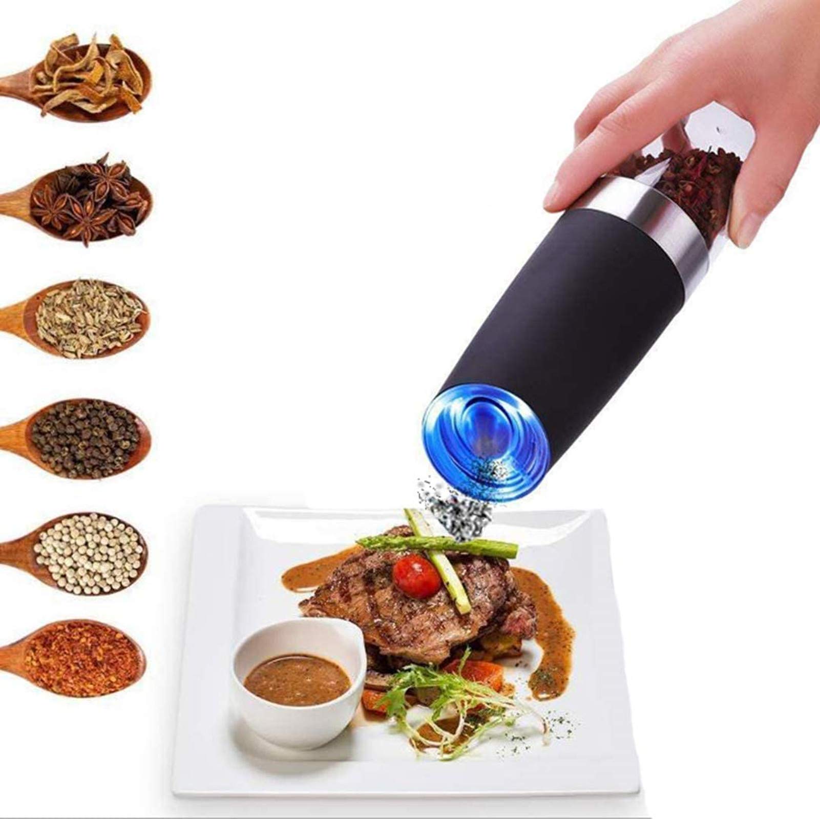 Gravity Electric Salt and Pepper Grinder Set, Automatic Pepper and Salt Mill Grinder,Battery-Operated with Adjustable Coarseness, Premium Stainless Steel with LED Light, (BLACK 1-PACK)