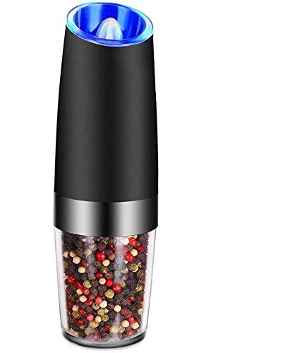 Gravity Electric Salt and Pepper Grinder Set, Automatic Pepper and Salt Mill Grinder,Battery-Operated with Adjustable Coarseness, Premium Stainless Steel with LED Light, (BLACK 1-PACK)