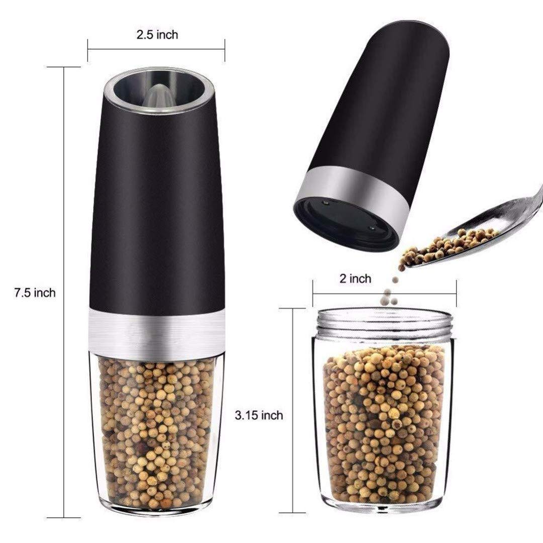 Gravity Electric Salt and Pepper Grinder Set, Automatic Pepper and Salt Mill Grinder,Battery-Operated with Adjustable Coarseness, Premium Stainless Steel with LED Light, (BLACK 1-PACK)