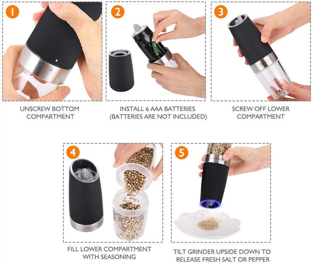 Gravity Electric Salt and Pepper Grinder Set, Automatic Pepper and Salt Mill Grinder,Battery-Operated with Adjustable Coarseness, Premium Stainless Steel with LED Light, (BLACK 1-PACK)