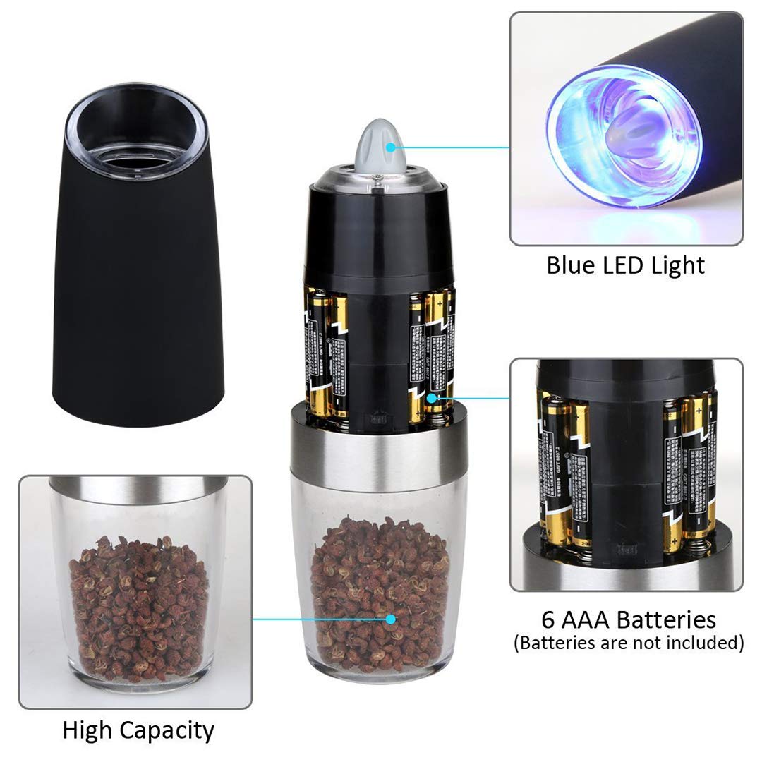 Gravity Electric Salt and Pepper Grinder Set, Automatic Pepper and Salt Mill Grinder,Battery-Operated with Adjustable Coarseness, Premium Stainless Steel with LED Light, (BLACK 1-PACK)