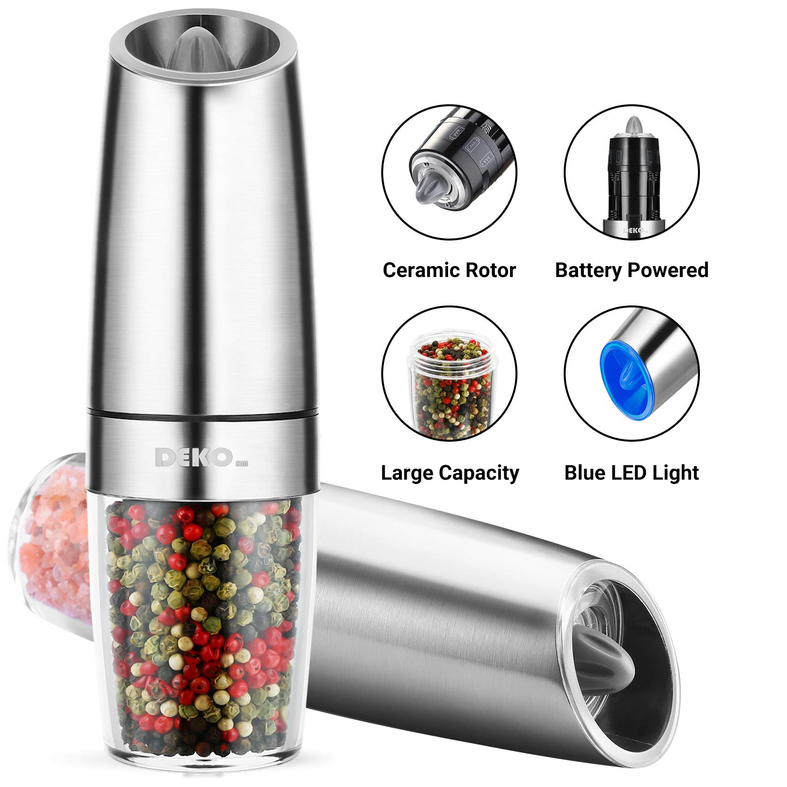 Automatic Salt Pepper Grinder or Gravity Pepper Mill Battery Operated Electric Salt and Pepper Grinder with Adjustable Coarseness (1, 2 Pack - 2.5 × 8)