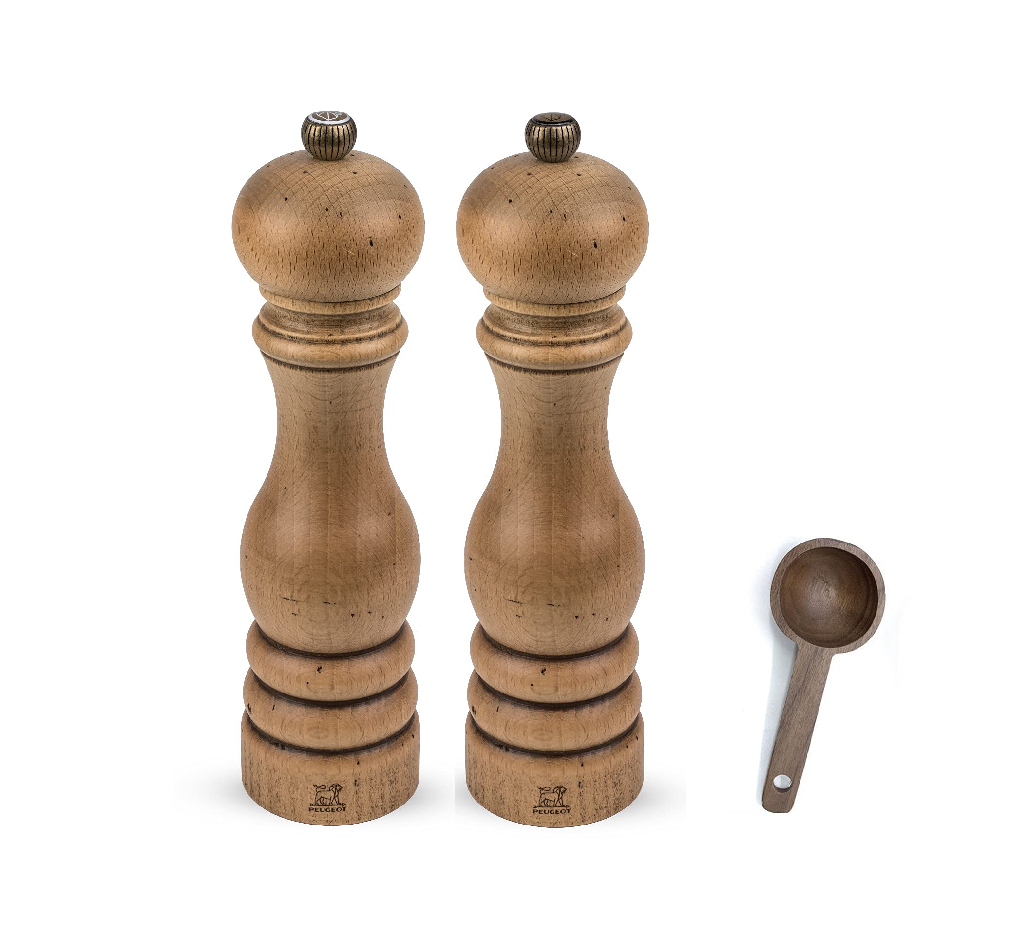 Peugeot Paris Classic Collection Antique Salt & Pepper Mill Natural - With Wooden Spice Scoop (8-3/4 Inches)