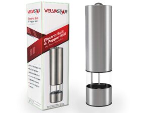 electric pepper grinder or salt grinder – battery operated automatic spice grinder - pepper mill with light and adjustable ceramic grinder by velvastar