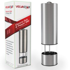 Electric Pepper Grinder or Salt Grinder – Battery Operated Automatic Spice Grinder - Pepper Mill with Light and Adjustable Ceramic Grinder by Velvastar