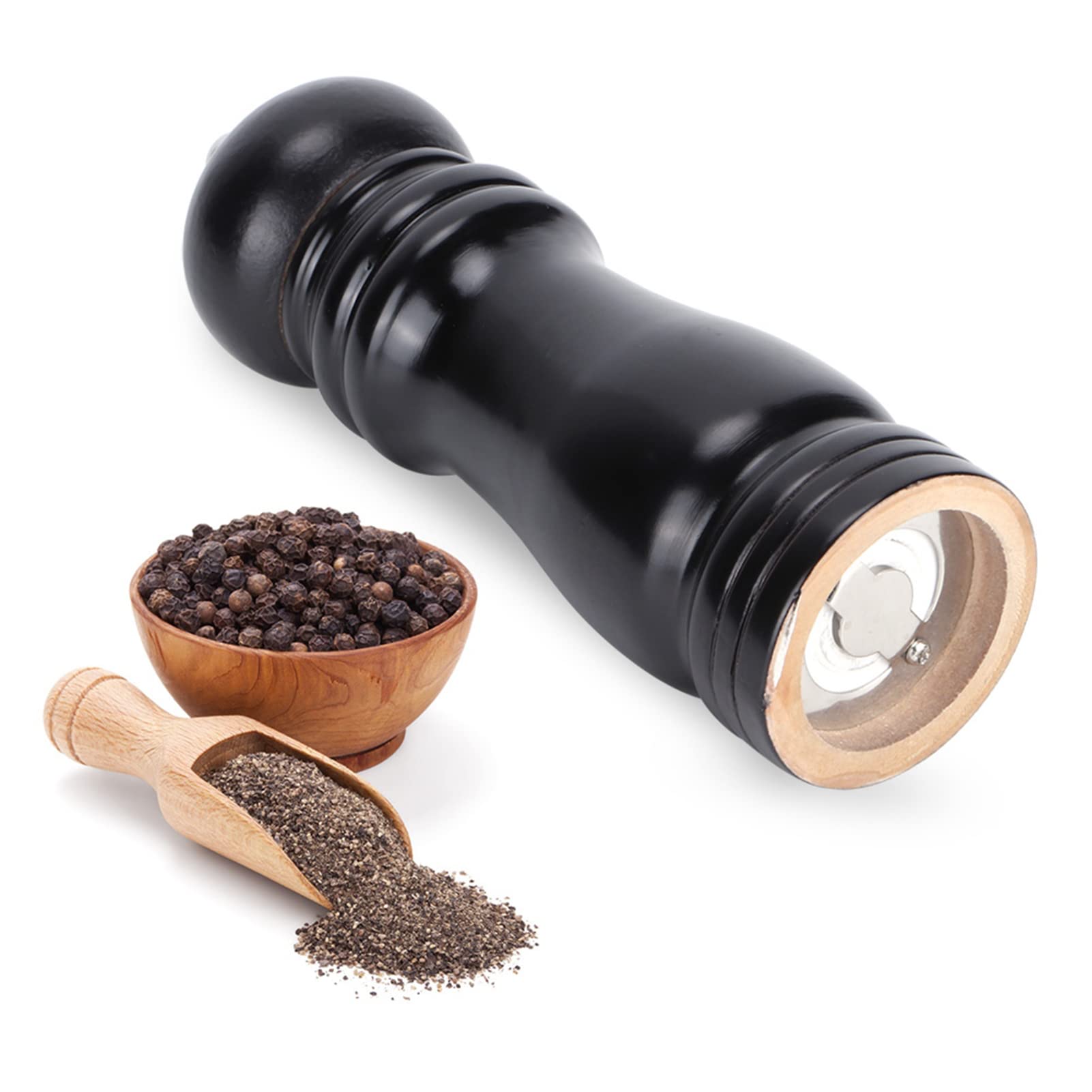 Wood Pepper Grinder Pepper Mill, 6 inch Durable Manual Pepper Mill with Adjustable Upper Knob, Ergonomic Pepper Mill for Home Kitchens, Restaurants, Hotels