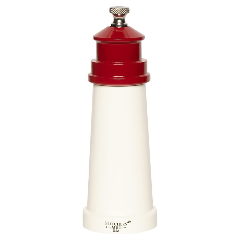 Fletchers' Mill Lighthouse Pepper Mill, White/Red - 6 Inch, Adjustable Coarseness Fine to Coarse, MADE IN U.S.A.