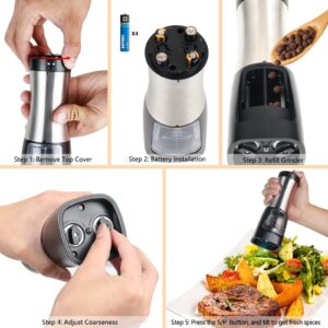 Pepper Grinder, 2 in 1 Salt Mill Grinder Battery-Operated with Adjustable Coarseness, Kitchen Automatic Pepper, Double Slot, One Hand Operated
