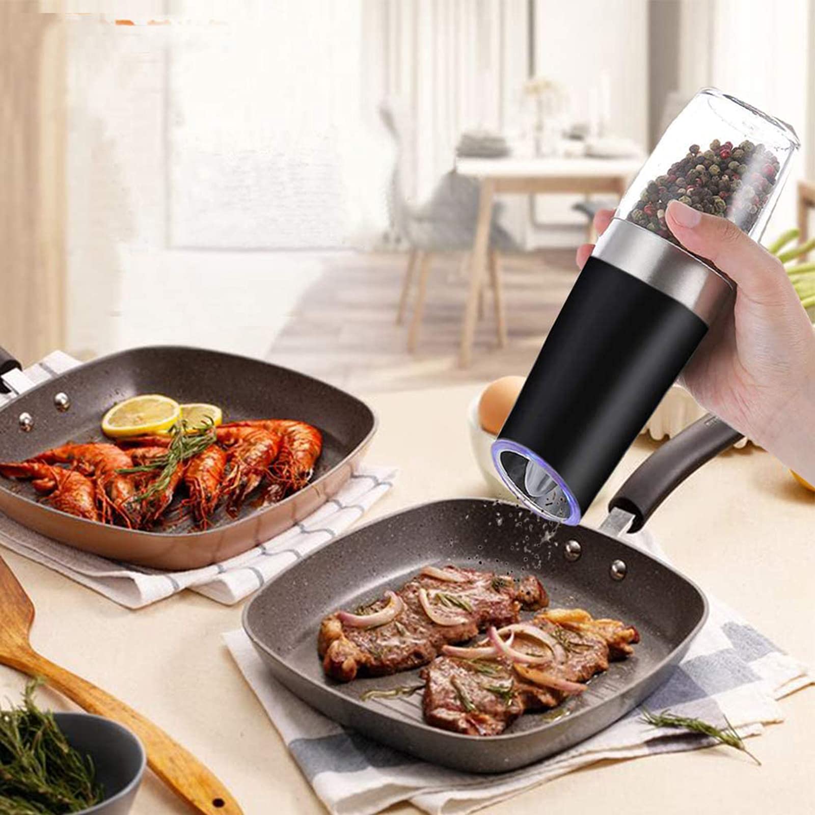 Pepper Grinder Gravity Sensitive Home Kitchen Blue LED Seasoning Stainless Steel Multi-Function Adjustable Thickness Easy To Operate Pepper Mill,B,7.95in