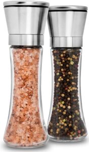 1pcs pepper grinder or salt grinder, best spice mill with ceramic blades, adjustable coarseness, brushed stainless steel cap, and refillable tall glass body (7.5")