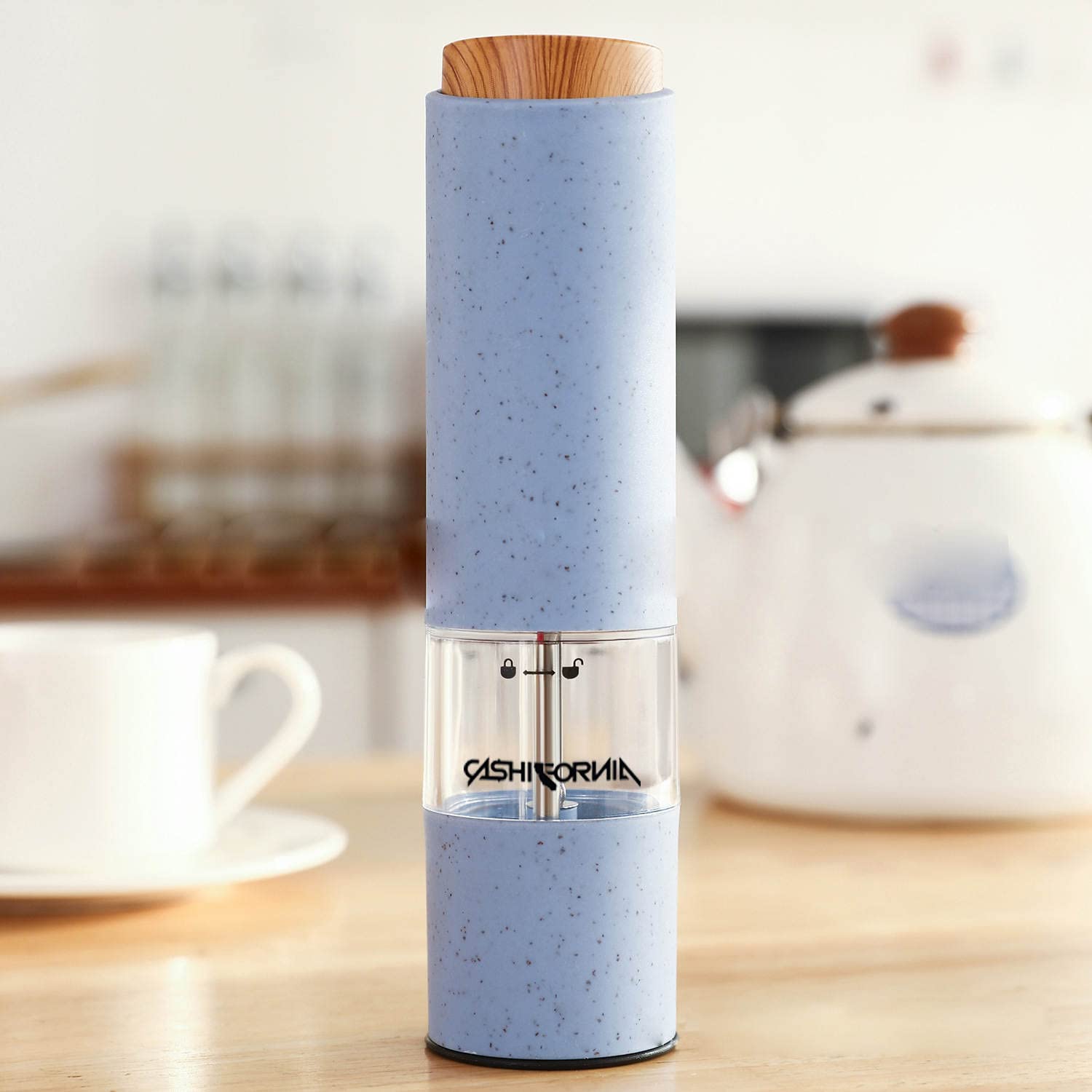 CA$HIFORNIA Electric Salt and Pepper Grinder Mill - Battery Operated Automatic Spice Grinder With Light - Modern Blue, Pink, Green Colors (Light Blue)