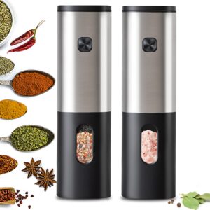 electric salt and pepper grinder set, automatic pepper mill with led light, adjustable coarseness, battery powered, one hand operated refillable for kitchen resturant bbq, stainless steel black,2 pack
