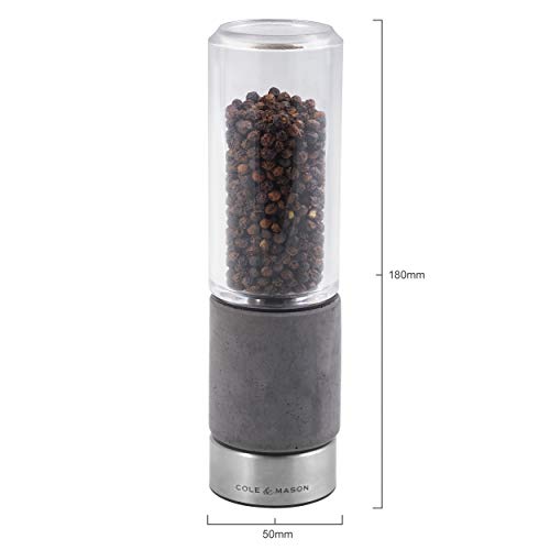 Cole & Mason H321801 Regent Pepper Mill, Precision+ Stemless, Concrete/Stainless Steel/Acrylic, 180 mm, Single, Includes 1 x Pepper Grinder