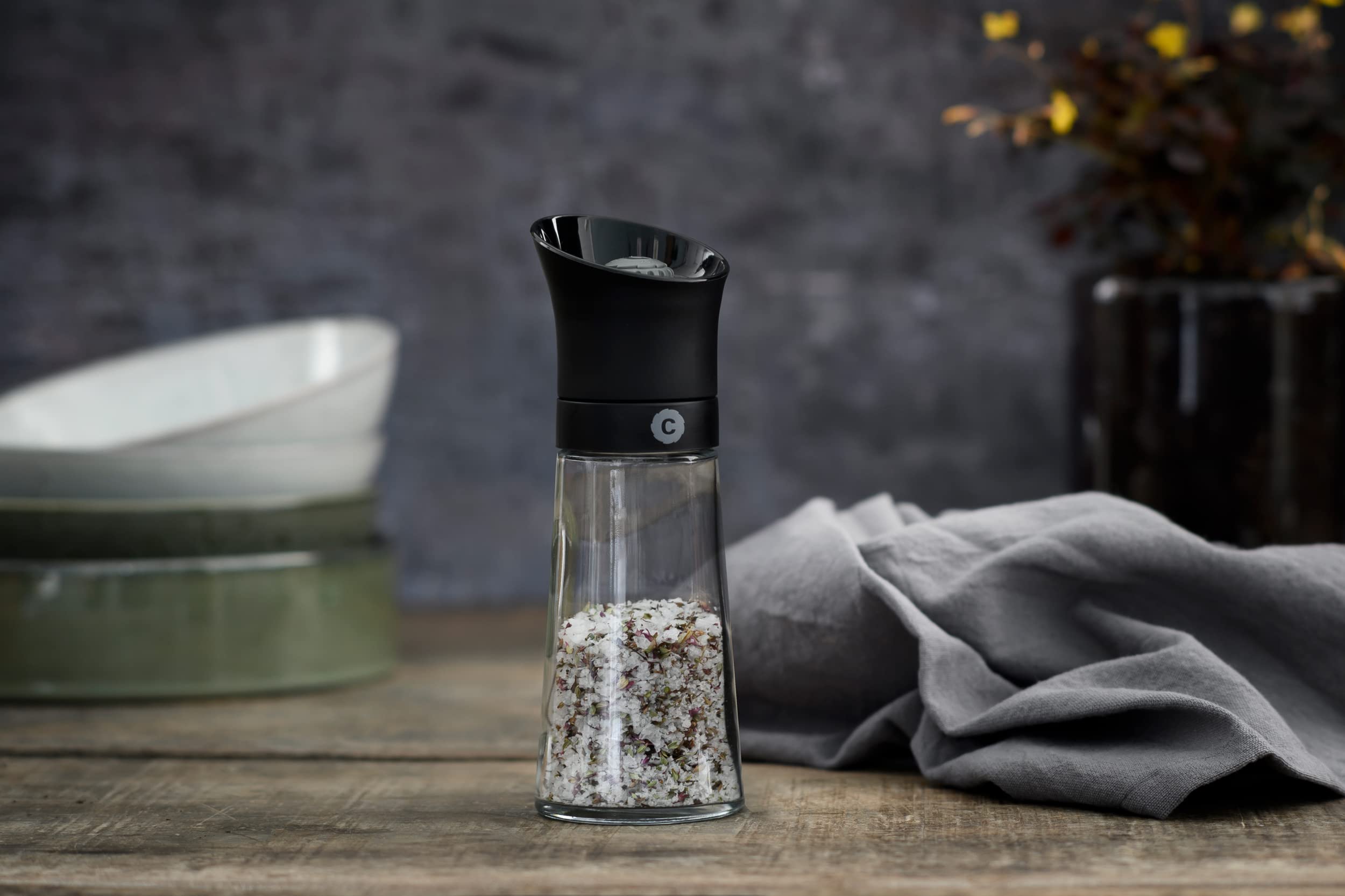 CrushGrind Kala Salt, Pepper, Herb or Spice Grinder - Fully adjustable - Glass (6.69 inches / Black Plastic)