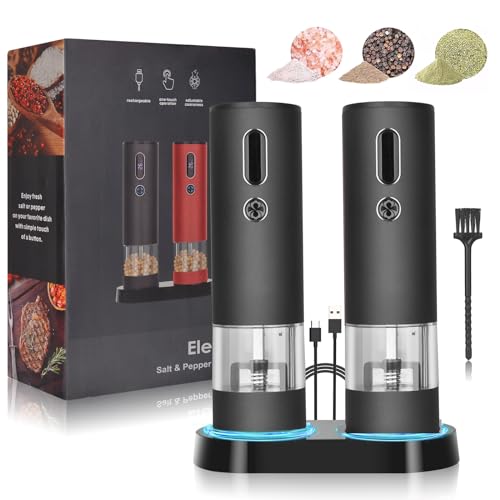 Salt and Pepper Grinder Set, Automatic Gravity Pepper Mill with LED Light, Black Pepper Grinder Battery-Operated, Adjustable Coarseness, One Hand Operated