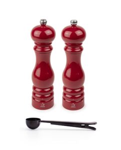 peugeot paris u'select 9-inch salt & pepper mill gift set, passion red - with stainless steel spice scoop/bag clip (salt & pepper mills w/ scoop)