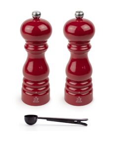 peugeot paris u'select 7-inch salt & pepper mills gift set, passion red - with stainless steel spice scoop/bag clip