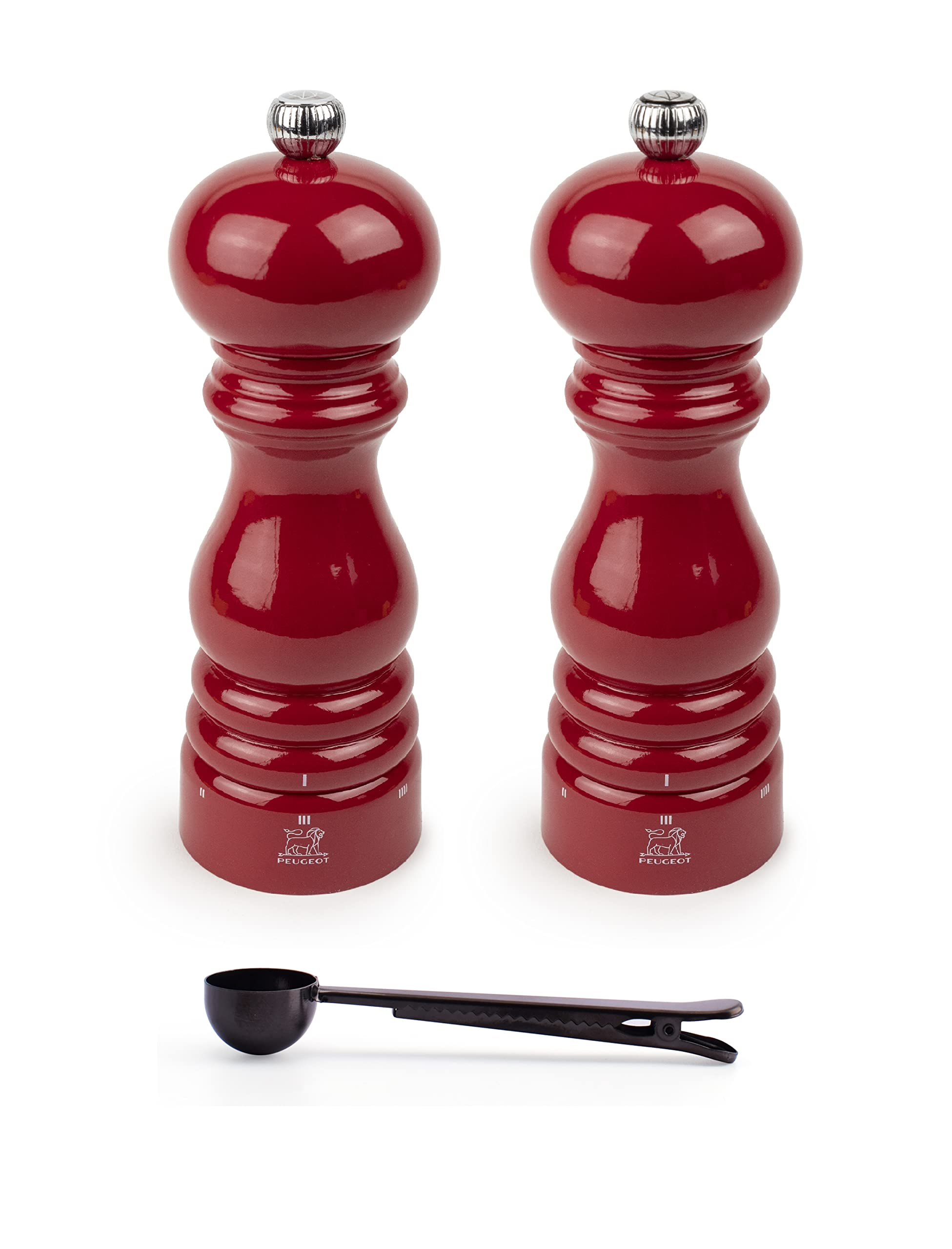 Peugeot Paris u'Select 7-inch Salt & Pepper Mills Gift Set, Passion Red - With Stainless Steel Spice Scoop/Bag Clip