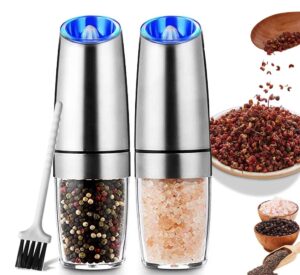 premium gravity electric salt and pepper grinder set of 2, automatic one hand pepper mills with led light, automatic pepper and salt mill grinder battery-operated with adjustable coarseness