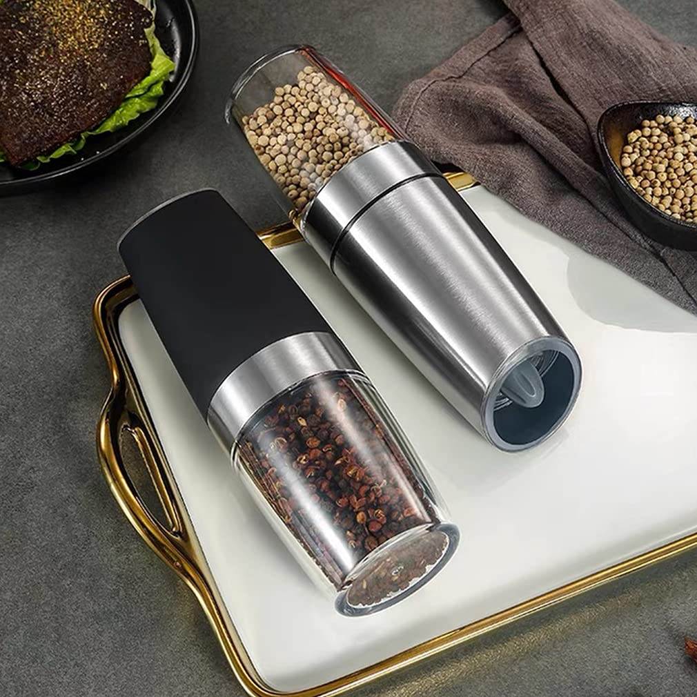 Premium Gravity Electric Salt and Pepper Grinder Set of 2, Automatic One Hand Pepper Mills with LED Light, Automatic Pepper and Salt Mill Grinder Battery-Operated with Adjustable Coarseness