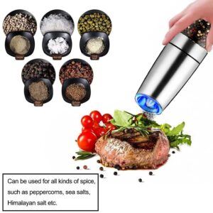 Premium Gravity Electric Salt and Pepper Grinder Set of 2, Automatic One Hand Pepper Mills with LED Light, Automatic Pepper and Salt Mill Grinder Battery-Operated with Adjustable Coarseness