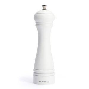 de buyer java pepper mill, matte white - 8.25” - stainless steel & beechwood - includes knob to adjust grind size - corrosion resistant - made in france